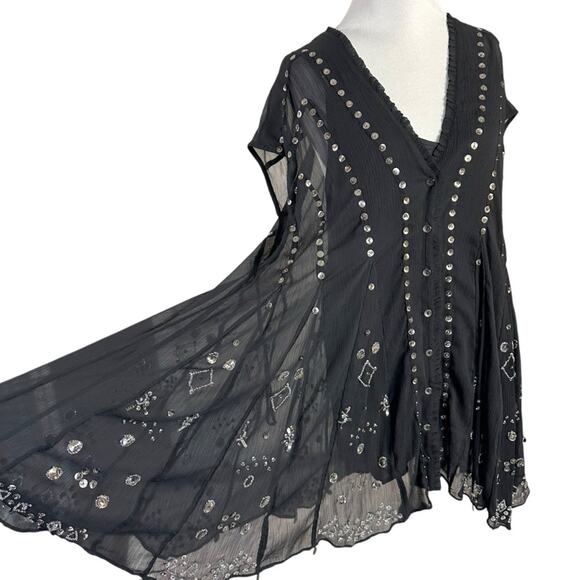 Free People Bohemian Gypsy Witchy Beaded Aston Dress Black Small Sheer Bells - Picture 2 of 14